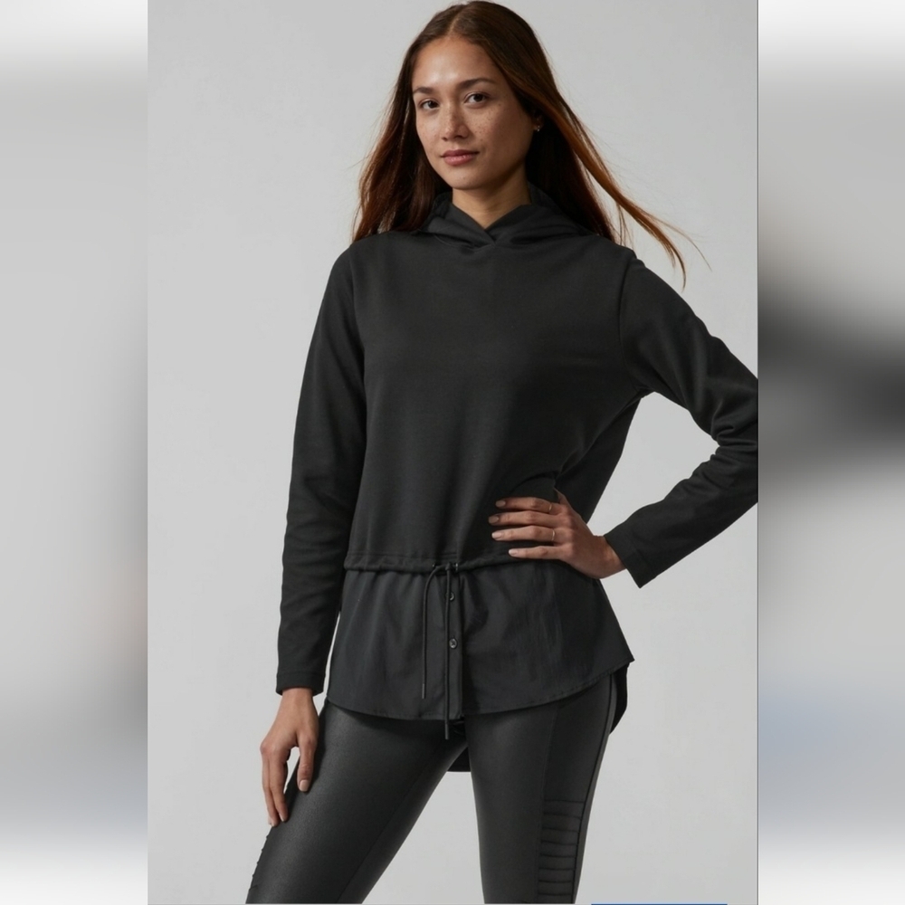 Athleta Gallery Hoodie Black Drawstring Waist Pullover Size Medium Lightweight
